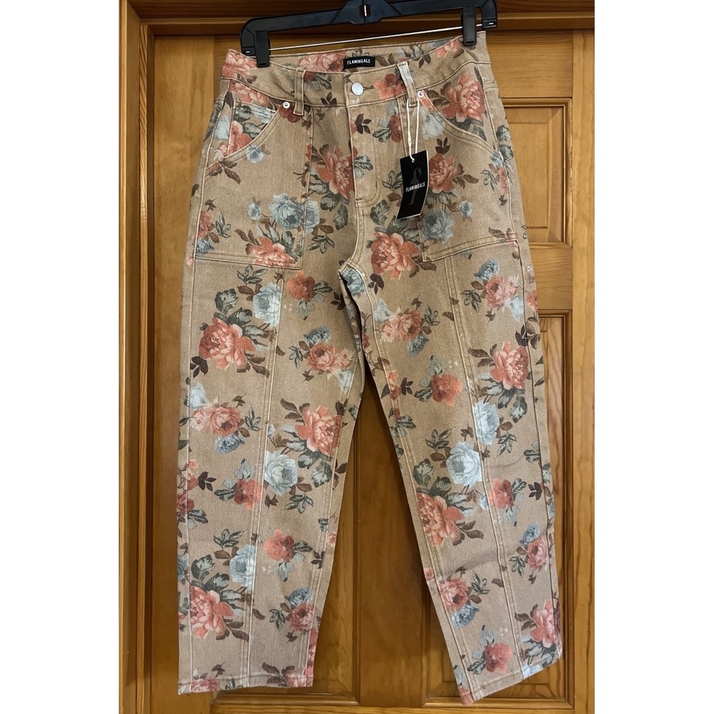 Flamingals Women's Barrel Leg Jeans Floral Capris Sz Medium